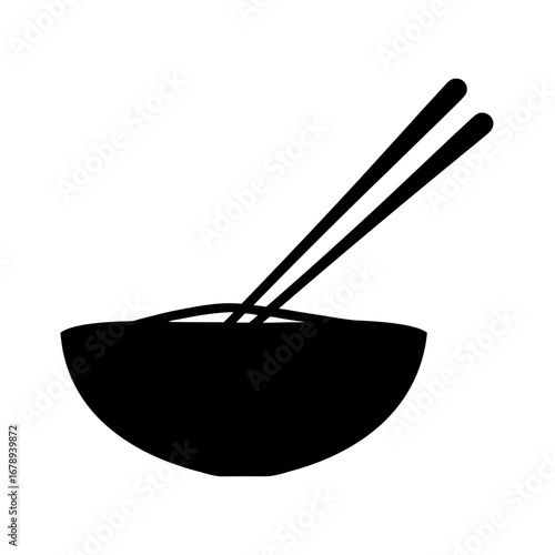 A stark silhouette of a bowl of noodles with chopsticks on white