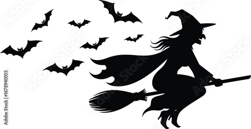 Silhouette of a witch flying a broom with bats, perfect for halloween themed designs and decorations
