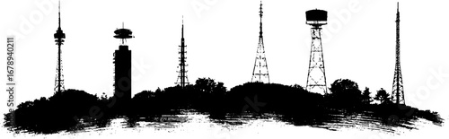 Urban skyline silhouette with communication towers in black and white for modern design