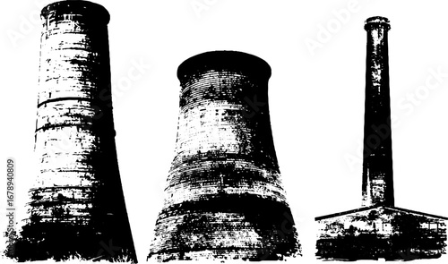 Industrial stencil set: black and white oil refinery silhouettes for urban design projects