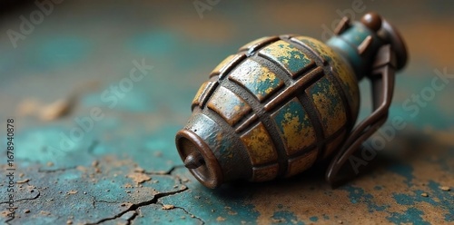 Close-up of a rusty, old, grenade with its pin pulled, lying on a cracked, dusty surface, suggesting imminent danger and threat , pulled, deadly, battlefield
