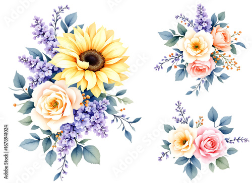 Watercolor sunflowers, roses, and lavender bouquets on transparent background.