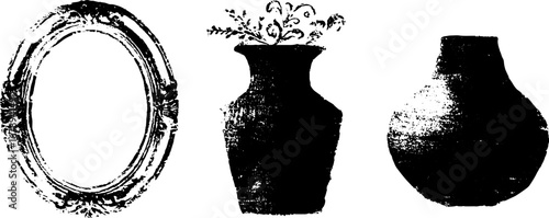 Black and white stencil set of vintage oval frame and vases for artistic design