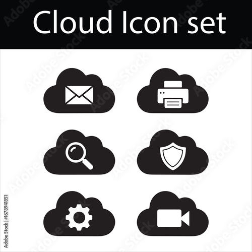 Set of six black cloud icons with various symbols on white background cloud computing cloud storage
