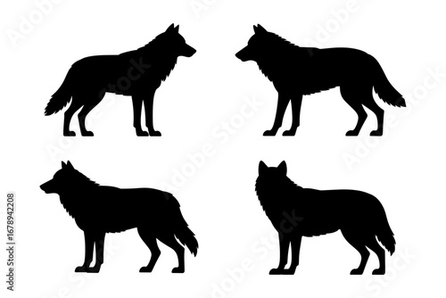 silhouette of wolves animals standing in various poses