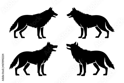 silhouette of wolves animals standing in various poses