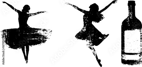 Black and white stencil set of dancing figures and bottle for party design