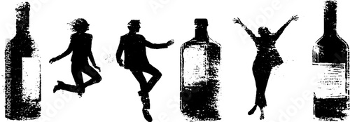 Black and white party stencil illustration set with bottles and dancing figures