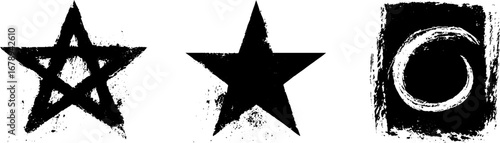 Black and white grunge pentagram and star stencil set for creative design