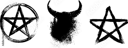 Black and white stencil set featuring pentagram and bull skull for vintage design