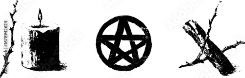 Mystical black and white stencil set with candle, pentagram, and branches for ritual design