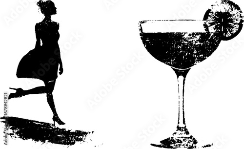 Vintage pinup silhouette and cocktail glass stencil collection for retro design