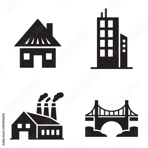 Urban Landscape Icons Representing City Life and Infrastructure Including House Building Factory and Bridge Depicting Modern Civilization and Urban Development