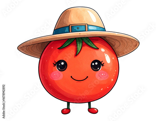 Tomato Cartoon with Tiny Hat and Blushing Cheeks, isolated on transparent background.