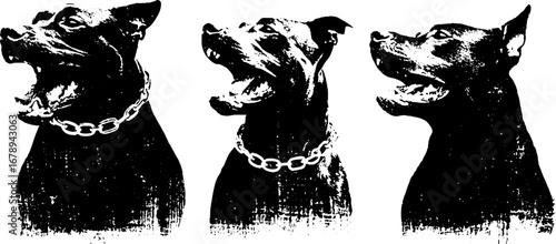 Black and white stencil illustration set of pit bulls for artistic designs