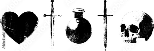 Grunge stencil set: heart, sword, skull, and potion in black and white for creative design