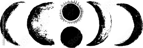 Black and white stencil set of moon phases with sun design for urban art