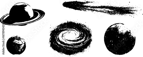 Black and white stencil illustrations of planets and galactic elements for design projects