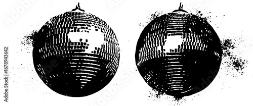 Grunge disco ball stencil design set in black and white for posters and art projects
