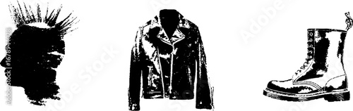 Punk style black and white stencil set featuring mohawk, leather jacket, and combat boot - design for urban art and fashion