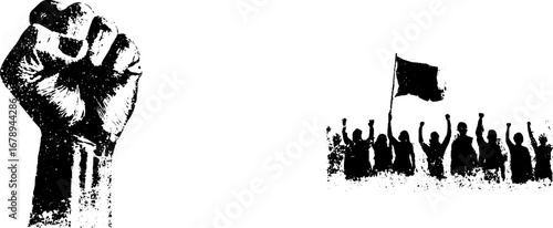 Black and white stencil illustration of raised fist and protest crowd for urban art and activism designs