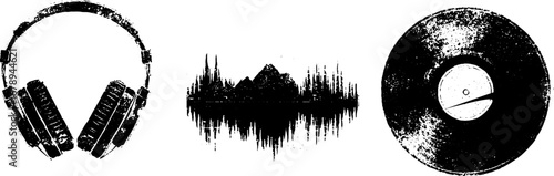 Black and white stencil set of headphones, soundwave, and record for music designs
