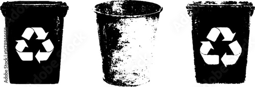 Black and white stencil illustration set of recycling bins and trash can