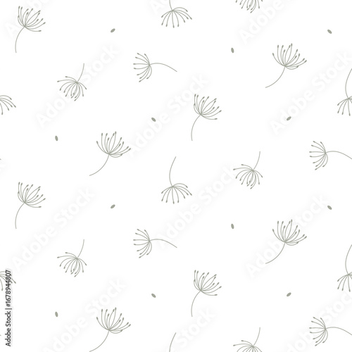 Dandelions with tiny details. Elegant seamless pattern with stylized summer flowers. Modern floral design. Meadow wild flowers on cream background