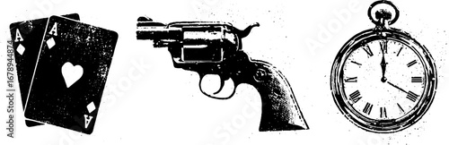 Black and white stencil set of playing cards, revolver, and vintage pocket watch for design projects