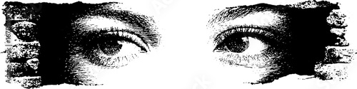 Black and white stencil illustration of eyes in grunge rip