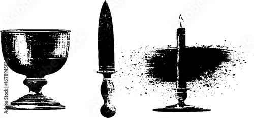 Black and white ritual objects stencil set with chalice, knife, and candle for mystical design