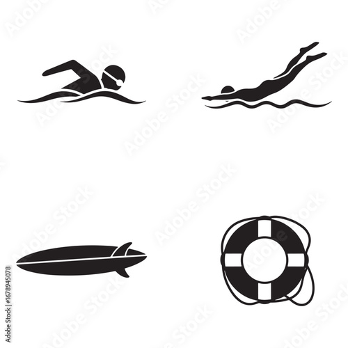 Water Sports and Swimming Activities Represented in Black and White Icons Featuring Swimmer Diving Surfboard and Life Preserver Emblems for Design Elements