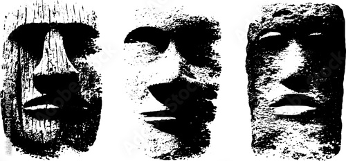 Ritual masks black and white stencil illustration set for tribal design and art projects