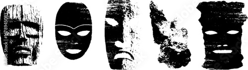 Black and white ritual mask illustrations - stencil collection for design and decor