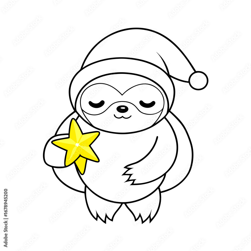 Obraz premium Adorable Sleepy Sloth in Santa Hat Holding Star, Christmas Coloring Page Illustration