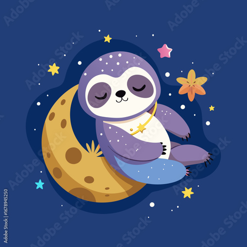 Adorable Sleepy Sloth Resting on Crescent Moon, Celestial Night, Cartoon Style