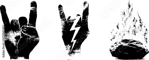 Black and white rock gesture and flames stencil set for creative designs