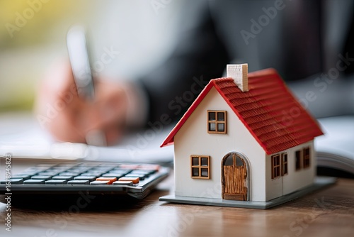 Calculating mortgage payments for a new home purchase with a calculator.
