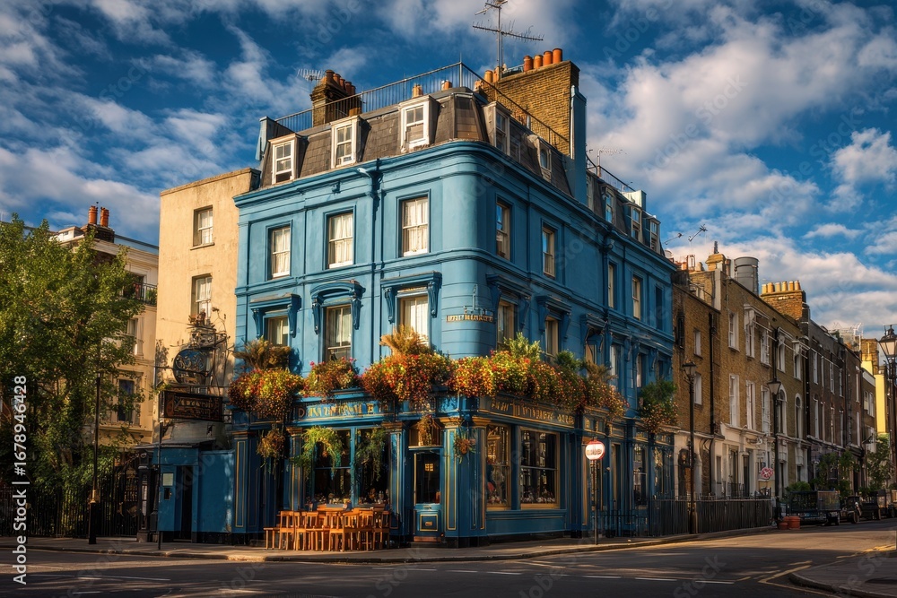 Naklejka premium London Pub. Historical Building Facades in European Cityscape