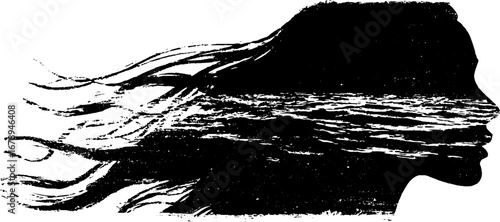 Black and white stencil illustration of rusal silhouette with ocean waves - vintage design for posters