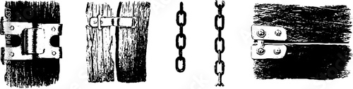 Black and white rustic stencil design set featuring hinges and chains for vintage decor or art projects