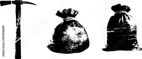 Black and white stencil set of safe, pickaxe and burlap sacks for urban design projects