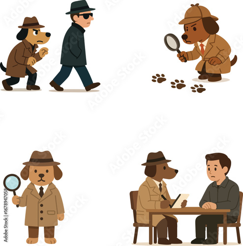 dog as detective and activities flat design vector