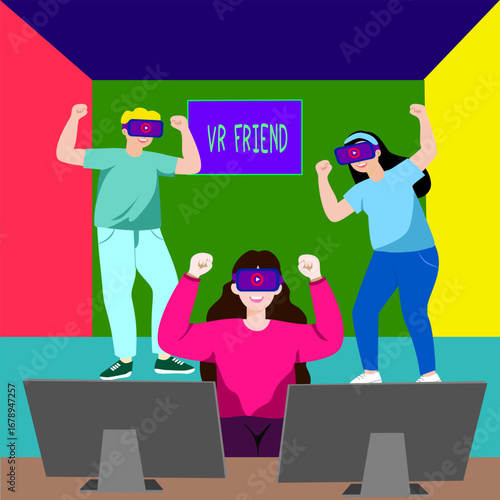 Flat vector illustration of friends playing VR game together at gaming center with headsets and monitors
