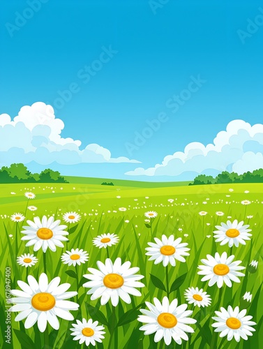 Lush green field with blooming daisies under a bright blue sky, showcasing nature's vibrant colors during a sunny day in spring ai, field, daisies, flowers, green, blue, sky, clouds, spring, nature, l