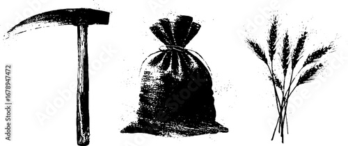Rustic agricultural tools and harvest elements in black and white design set