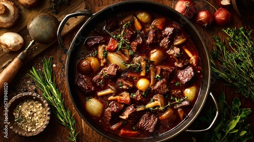 An overhead photo of venison stew with wild mushrooms, rich red tones and rustic utensils