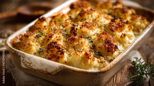 An overhead of creamy cauliflower gratin in vintage baking dish, golden breadcrumb crust, styled with dried herbs