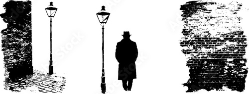 Urban silhouette stencil art set featuring vintage lamp post and brick wall for creative design projects