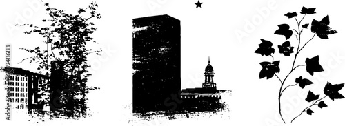 Urban skyline and nature silhouette stencil design collection
